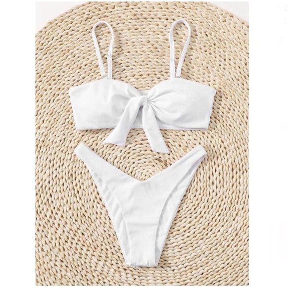 NEW Women’s White Solid Knot High Cut Bikini Swimsuit- Size L(10/12) - Picture 2 of 6